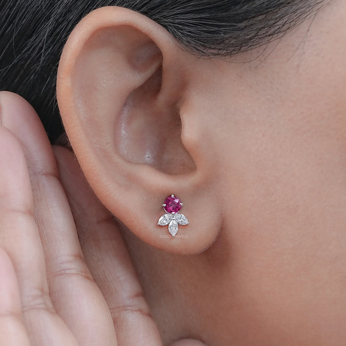 Ruby Round  And Marquise Lab Diamond Stud Earrings