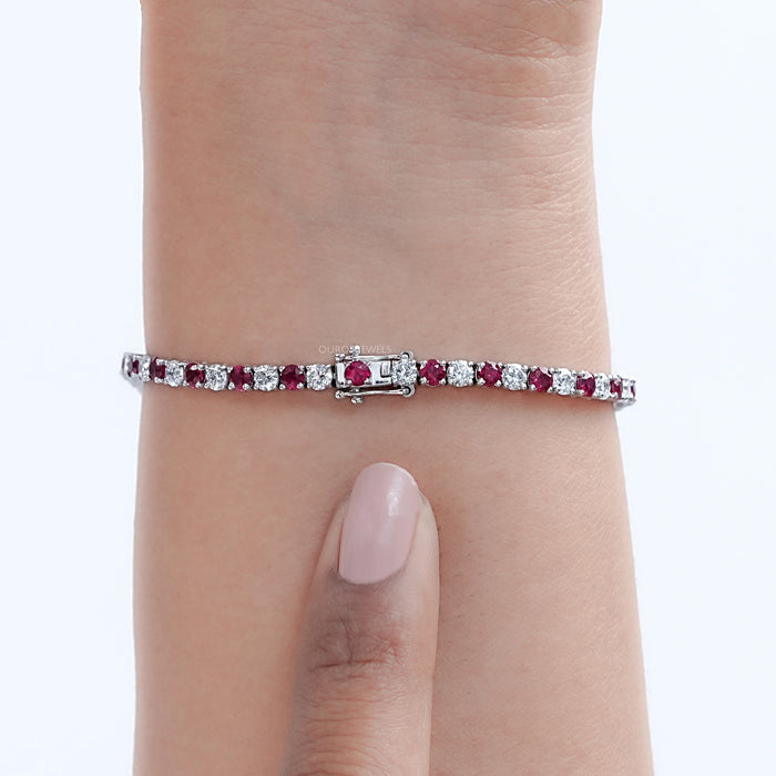 Ruby Round Gemstone And Lab Diamond Tennis Bracelet