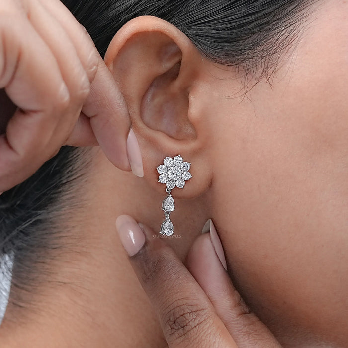 Round Diamond Halo Flower Drop Earrings