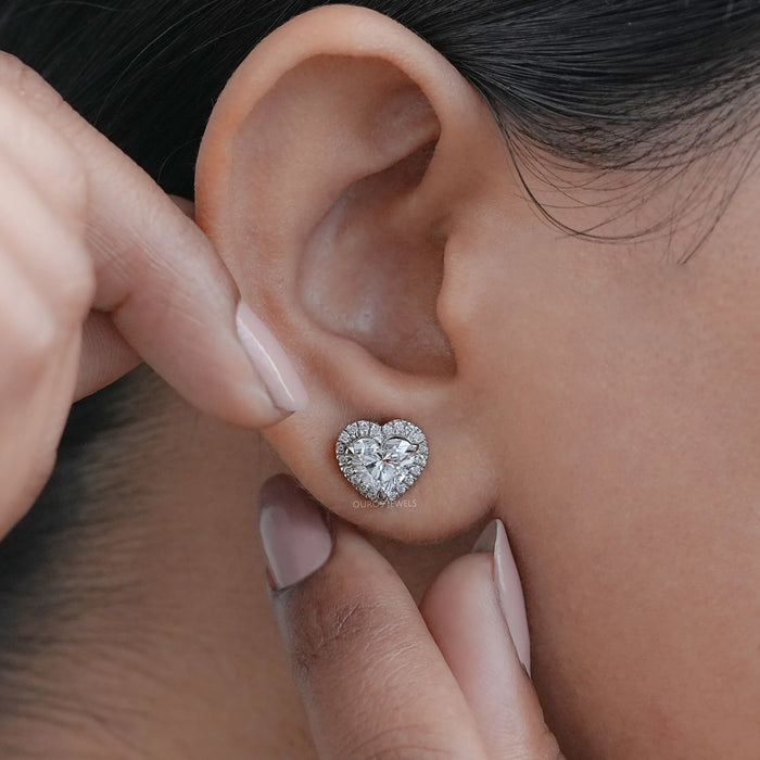 Heart Shape Diamond Earrings With Halo Stud