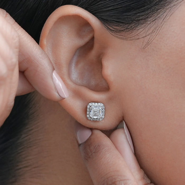 Asscher Lab Diamond Halo Stud Earrings