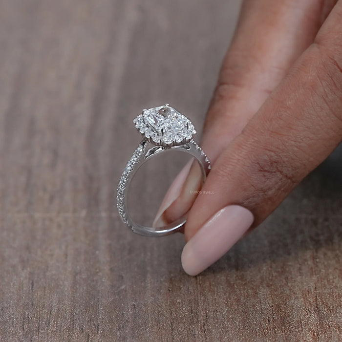 side view of cushion cut lab diamond halo engagement ring