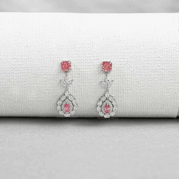 Pink Diamond Double Halo Pear Dangle Earrings