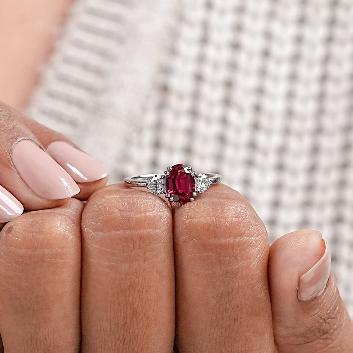 Oval Cut Red Ruby Three Stone Ring