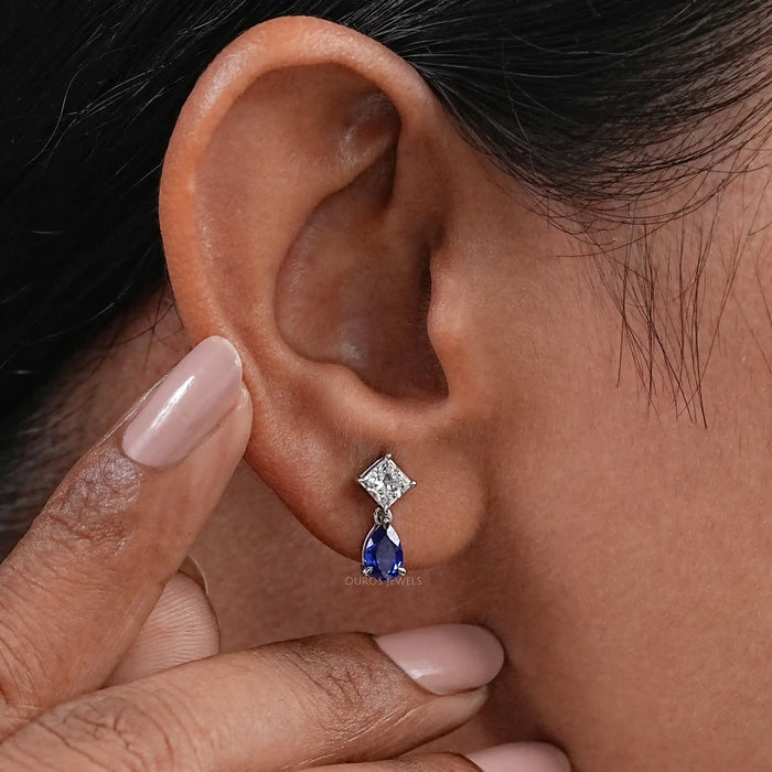 Pear Sapphire And  Princess Diamond Two Stone Earrings