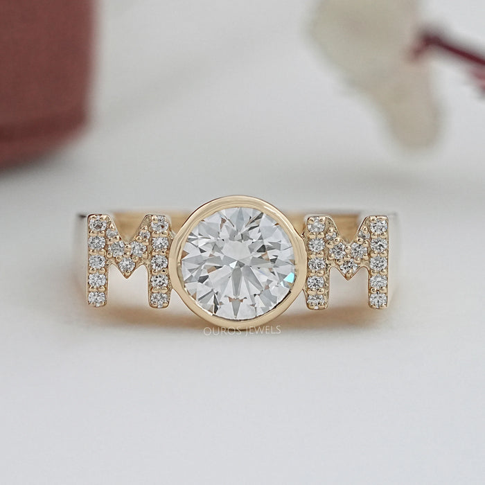 front view of mom initial letter round diamond customized ring for mom