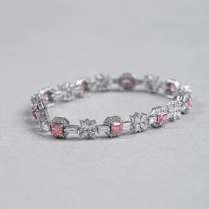 Flower And Pink Asscher Diamond Tennis Bracelet