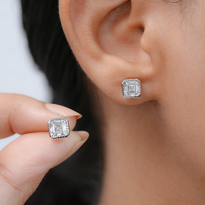 Milgrain Set Asscher Lab Diamond Stud Earrings