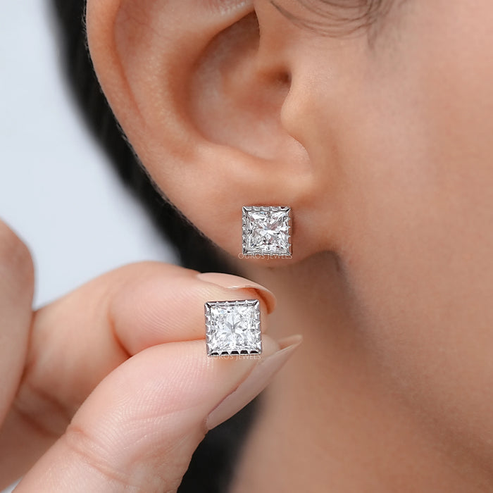 Milgrain Set Princess Lab Grown Diamond Stud Earrings