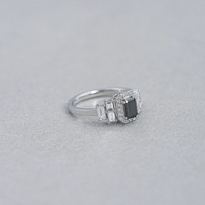 Black Emerald Cut Accent Diamond Engagement Ring