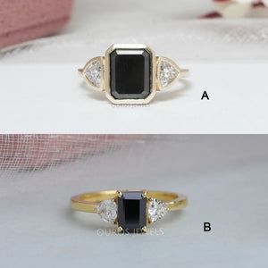 Natural Black Gemstones Three Stone Engagement Ring