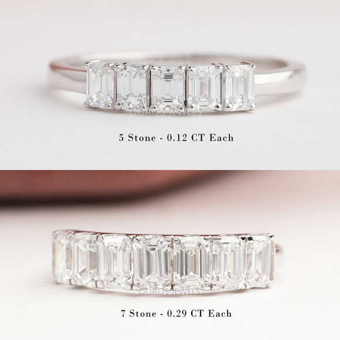 Ehering mit im Smaragdschliff gezüchteten Diamanten im Fünf- und Sieben-Stein-Stil