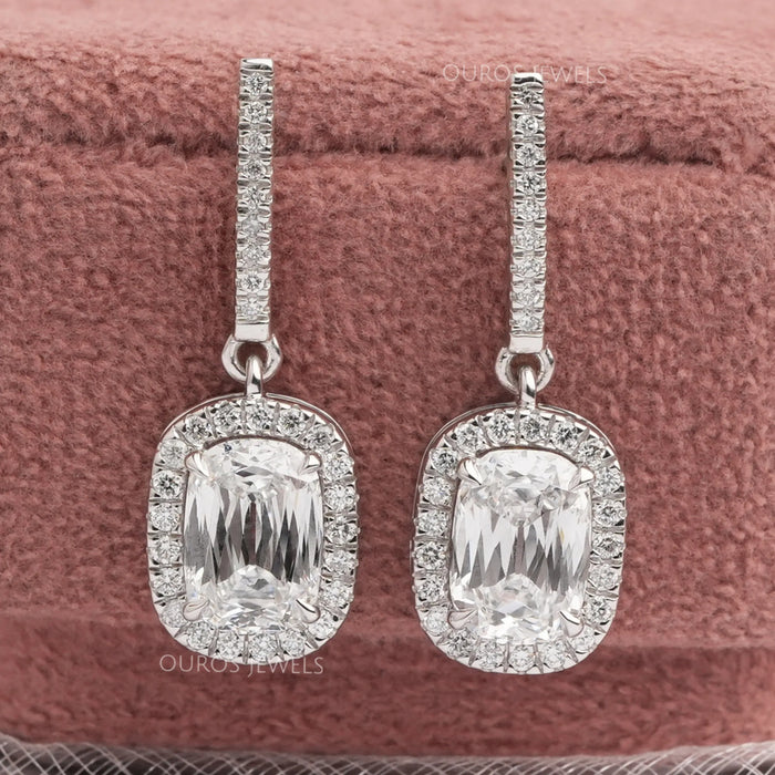 Halo Old Mine Cushion Cut Dangle Earrings