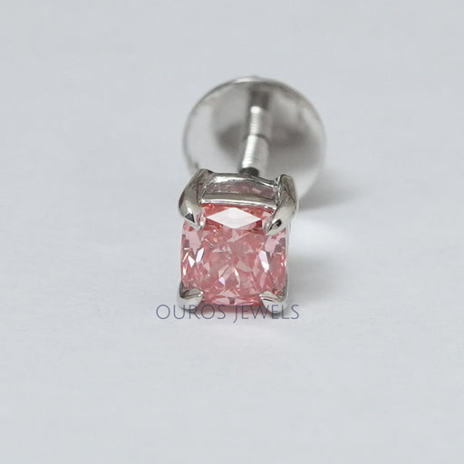 front view pink cushion diamond single screw flat back stud earring white gold