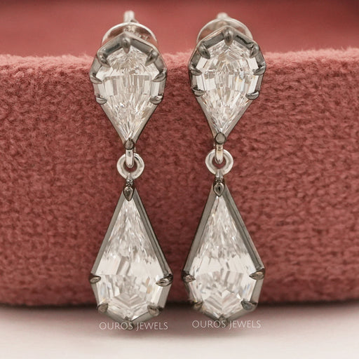 front view of step cut pear and kite cut diamond push flat back drop earrings