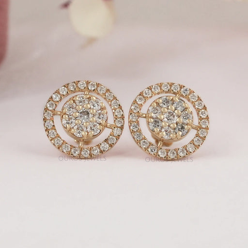 front view of round cluster diamond open circle halo stud earrings push back