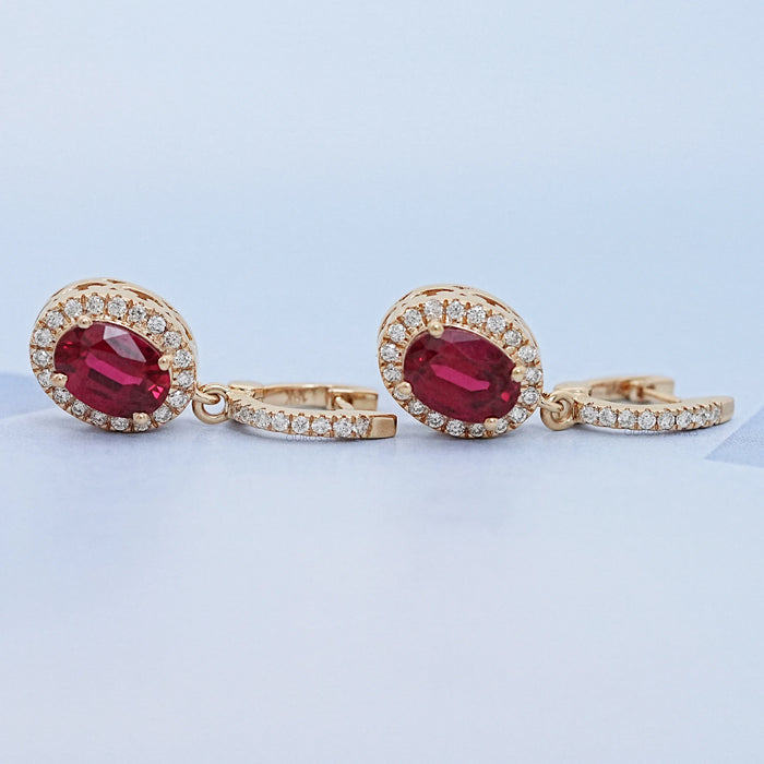 Ruby Oval Cut Halo Drop Dangle Earrings