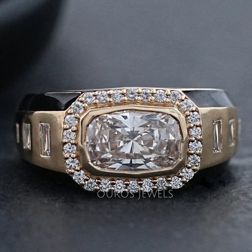 front view of east west radiant cut lab diamond halo men's wedding ring