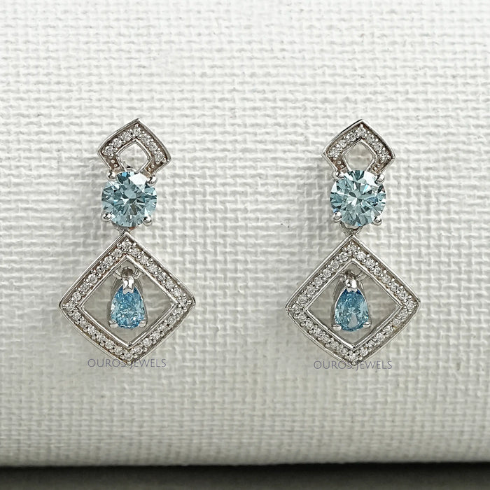 Blue Round With Pear Diamond Drop Earrings
