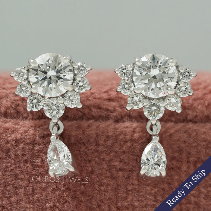 Round  Cut Half Halo Drop Earrings