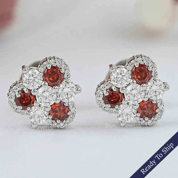 Red Ruby Three Stone Stud