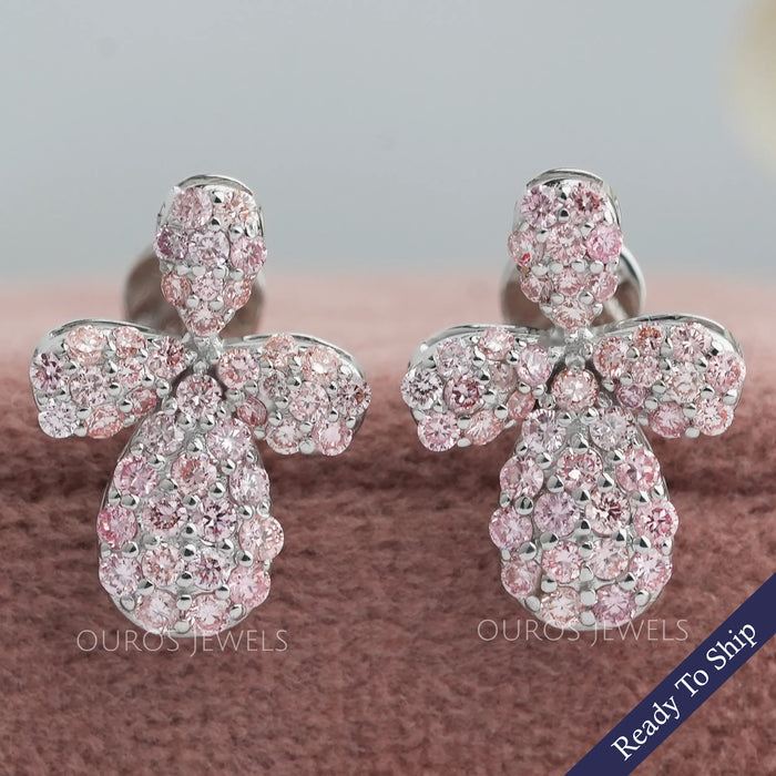 Floral Shape Pink Round Cut Push Back Stud Earrings