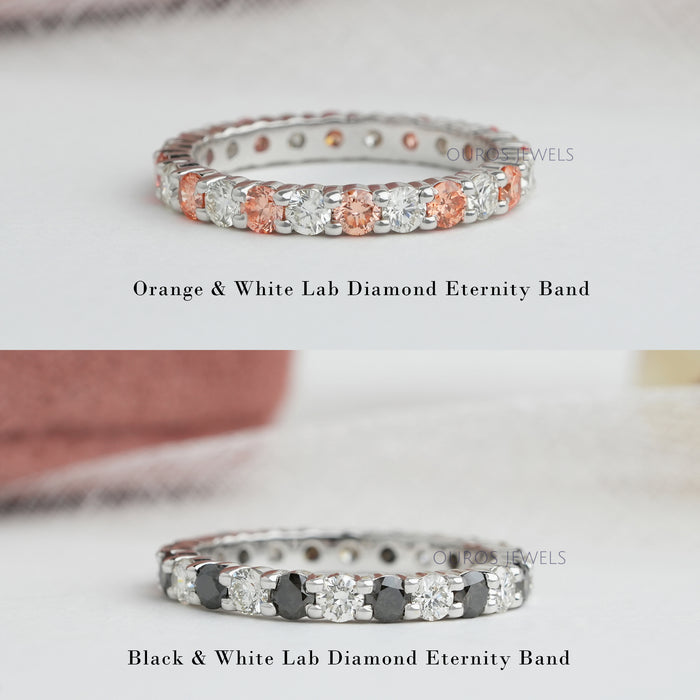 Round Cut Lab Diamond Eternity Wedding Band featuring a top band with alternating orange and white color ring and a bottom band with alternating black and white lab diamond ring.