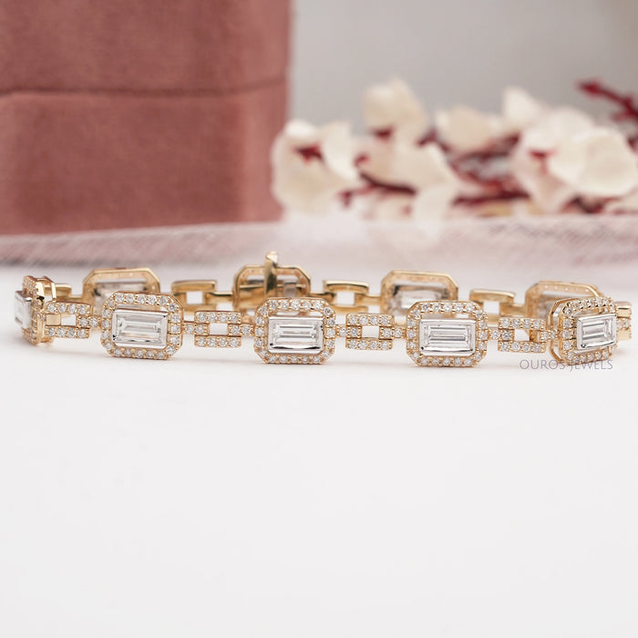 Baguette Cut Lab Grown Diamond Halo Tennis Bracelet