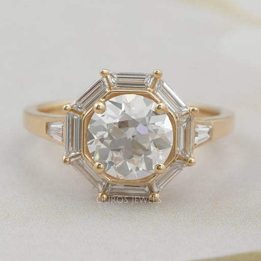 top view of old european round cut tapered baguette diamond halo engagement ring