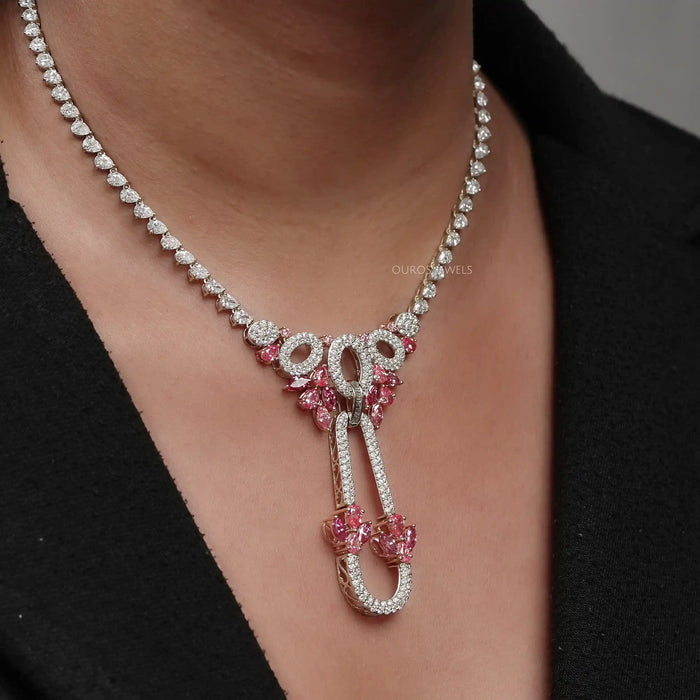 Pink Pear And Marquise Diamond Cluster Bridal Necklace