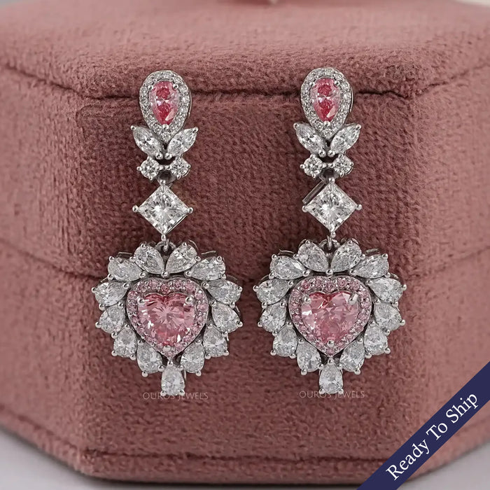 Pink Heart Lab Diamond Double Halo Drop Earrings