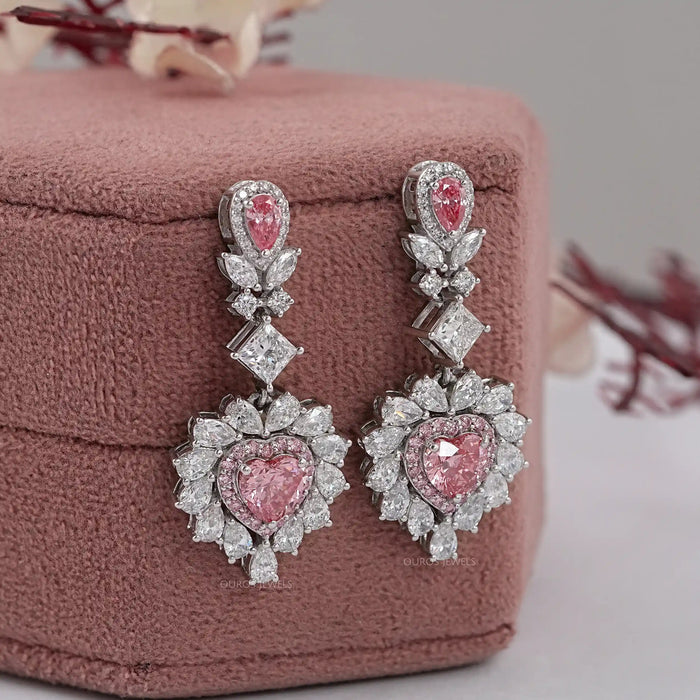 Pink Heart Lab Diamond Double Halo Drop Earrings