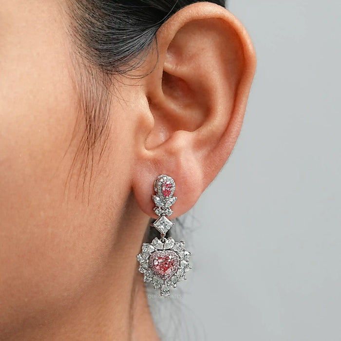 Pink Heart Lab Diamond Double Halo Drop Earrings