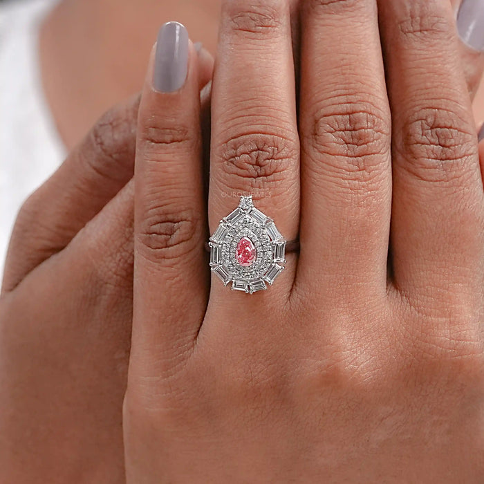 0.40 CT Pink Pear Cut Lab Diamond Double Halo Ring