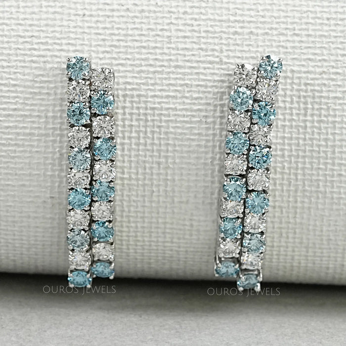 Blue Round Cut Lab Diamond  Double  Row Earrings