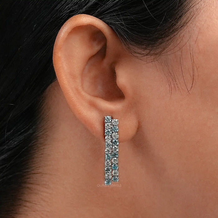 Double Row Blue Round Lab Diamond Earrings