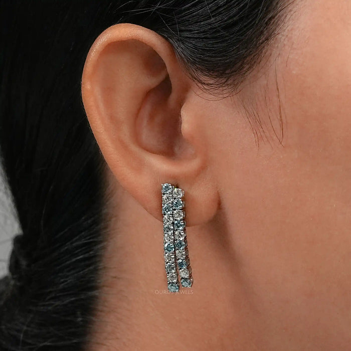Double Row Blue Round Lab Diamond Earrings