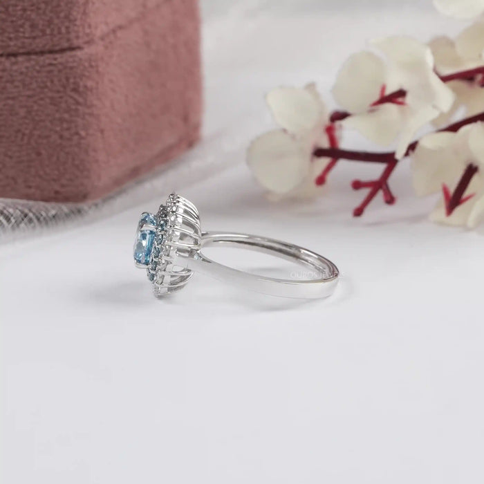 Blue Cushion Cut Lab Diamond Double Halo Ring