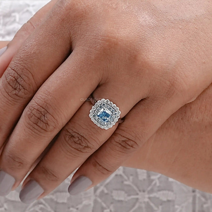 Blue Cushion Cut Lab Diamond Double Halo Ring