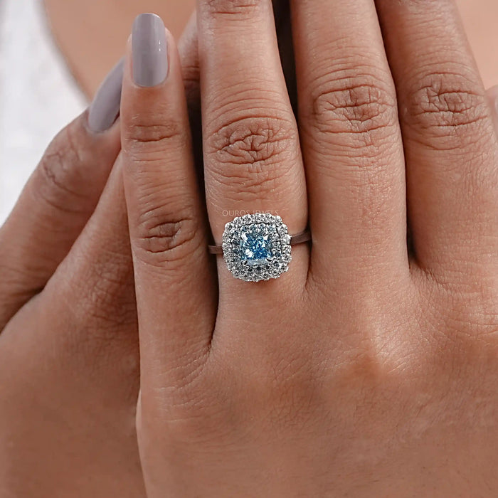 Blue Cushion Cut Lab Diamond Double Halo Ring