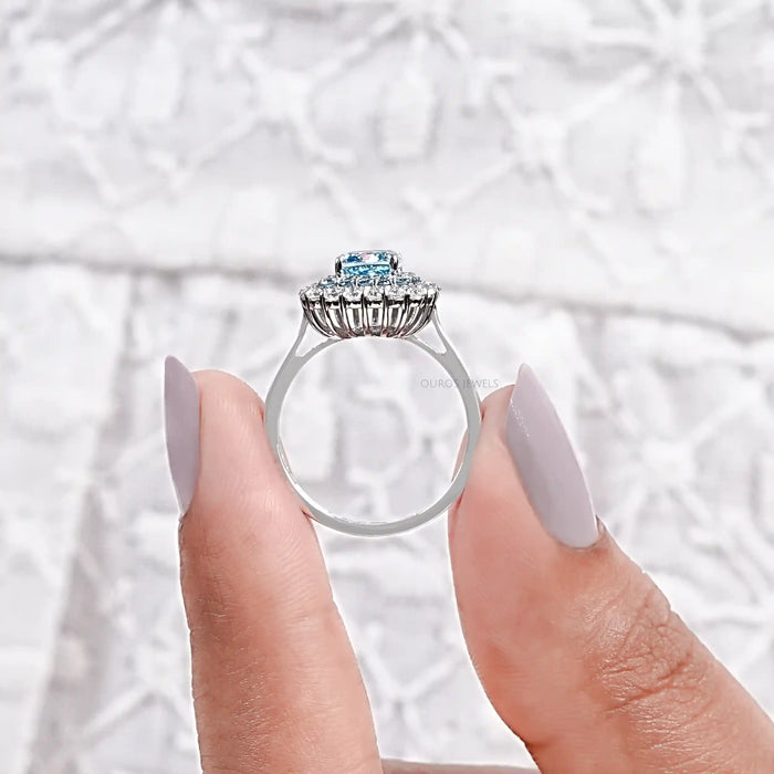 Blue Cushion Cut Lab Diamond Double Halo Ring