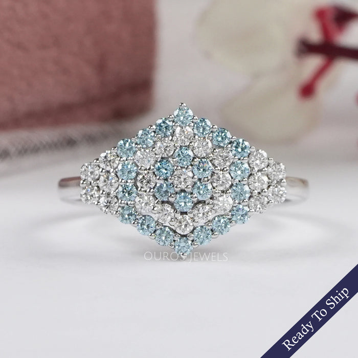 Blue Round Cut Lab Grown Diamond Cluster Set Ring