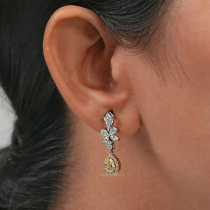 Yellow Pear Lab Diamond Halo Dangle Earrings