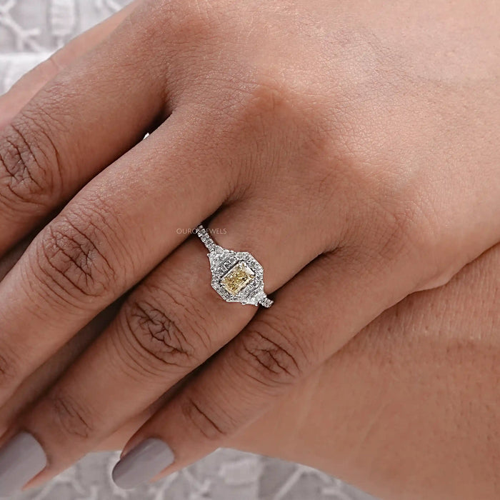 Yellow Radiant Cut Lab Diamond Halo Accent Ring