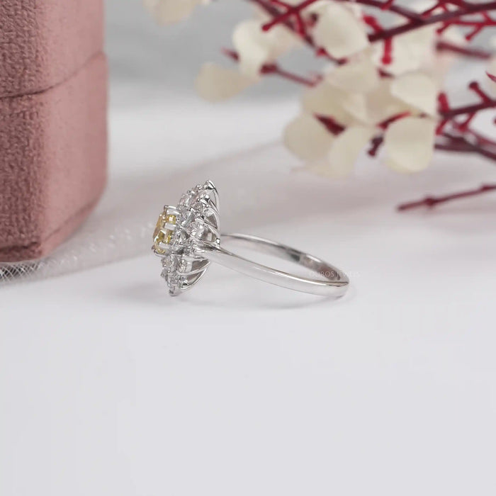 Yellow Cushion Cut Lab Diamond Sunburst Cluster Set Halo Ring