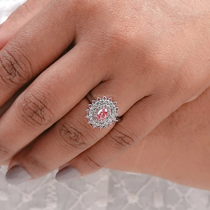 Pink Oval Cut Lab Diamond Double Halo Engagement Ring
