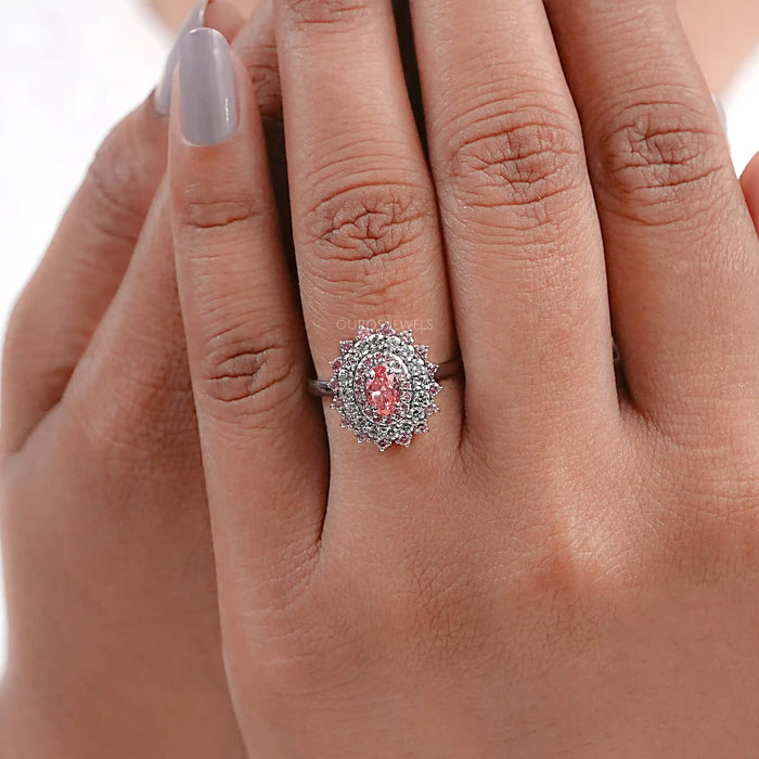 Pink Oval Cut Lab Diamond Double Halo Engagement Ring