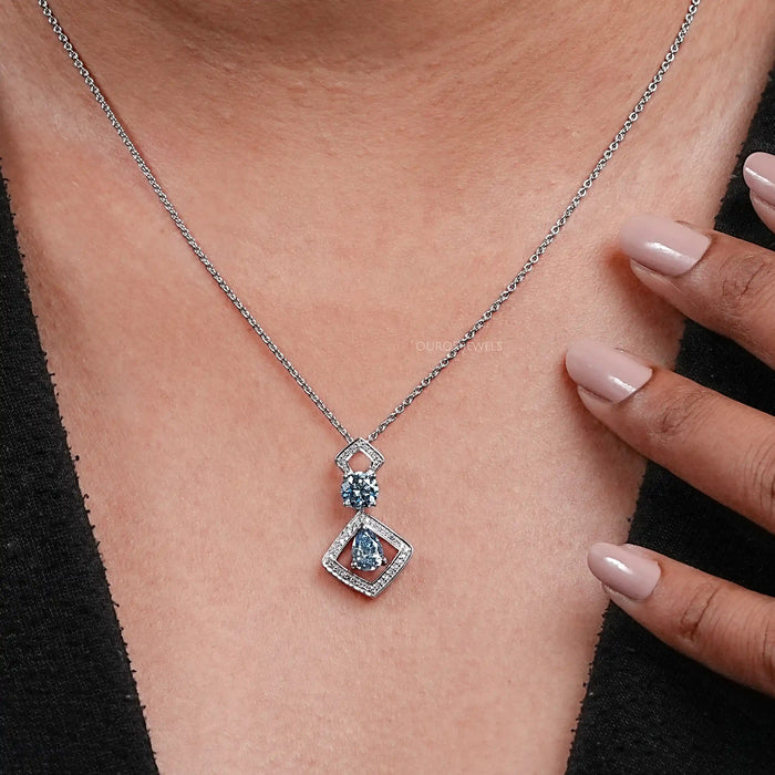 Blue Pear And Round Diamond Floating Pendant