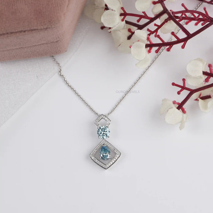Blue Pear And Round Diamond Floating Pendant