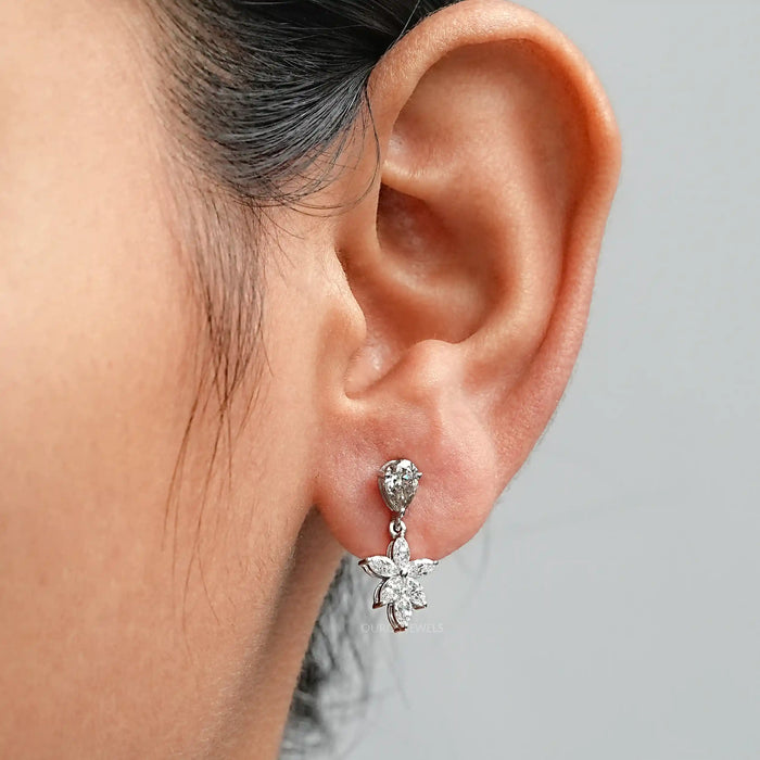 Olive Pear Lab Diamond Floral Drop Earrings